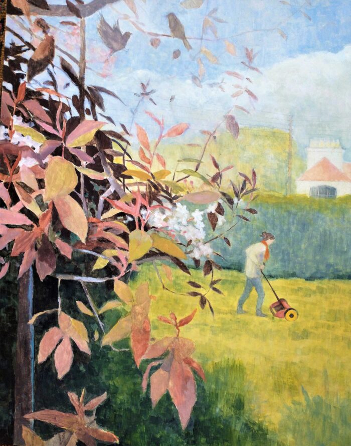 Sparrows in the Bird Cherry. Landscape Floral Paintings by Jane Brayne. Egg tempera on wood panel.