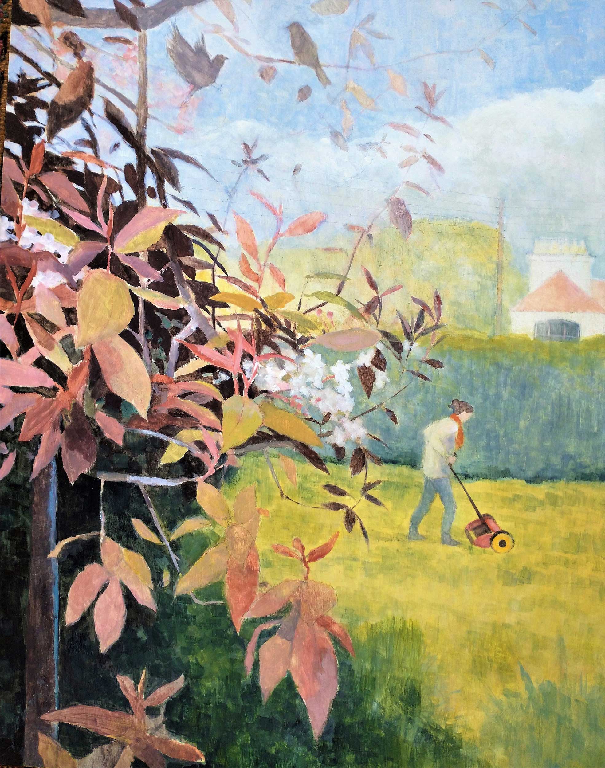 Sparrows in the Bird Cherry. Landscape Floral Paintings by Jane Brayne. Egg tempera on wood panel.