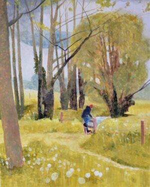 The Stile. Landscape Figurative Paintings by Jane Brayne. Egg tempera on wood panel.