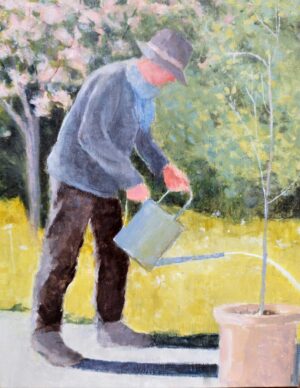 Watering in April. Landscape Figurative Paintings by Jane Brayne. Egg tempera on wood panel.