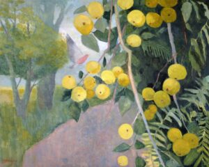 Wilding Apples. Birds & Animals Landscape Paintings by Jane Brayne. Egg tempera on wood panel.