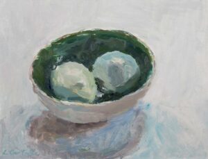 Blue Eggs. Still Life Interiors Paintings by Lynne Cartlidge. Oil on board.