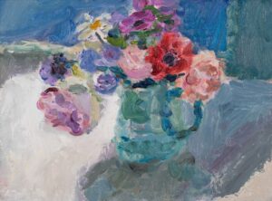 Summer Flowers in a Turquoise Jug. Still Life Floral Paintings by Lynne Cartlidge. Oil on board.