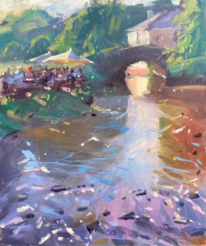 Drinks at Bow Bridge. Devon Figurative Paintings by Maria Rose. Oil on board.