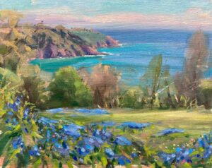 Bluebells at Gallants Bower. Landscape Seascape Paintings by Maria Rose. Oil on board.