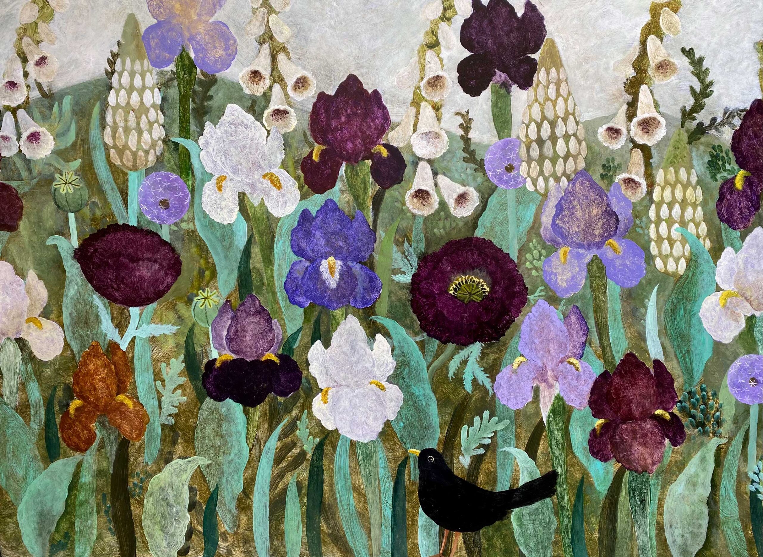 Midsummer Garden. Birds & Animals Floral Paintings by Sarah Bowman. Oil on board.