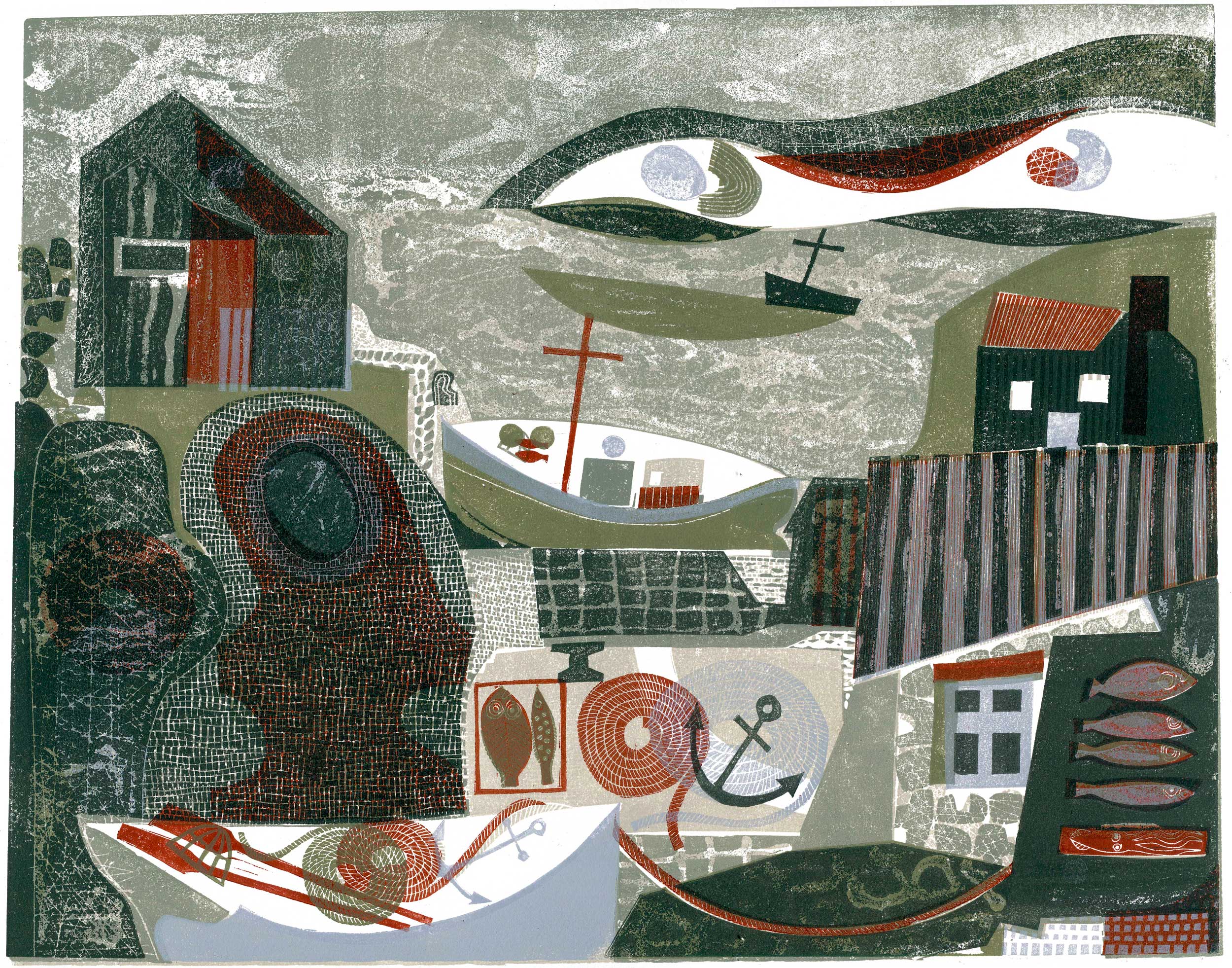 Boatsheds & Cottages. Landscape Seascape Prints by Melvyn Evans. Linocut. Boatsheds & Cottages. Landscape Seascape Prints by Melvyn Evans. Linocut.
