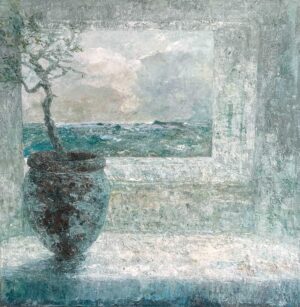 Stone Pine on Window Seat. Cornwall Seascape Paintings by Ellen Watson. Mixed media on canvas.