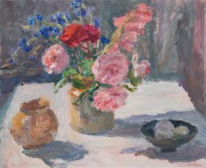 Allotment Flowers with Eggs. Still Life Floral Paintings by Lynne Cartlidge. Oil on board.