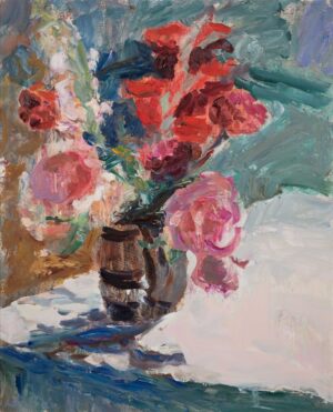 Gladioli and Roses. Still Life Floral Paintings by Lynne Cartlidge. Oil on board.