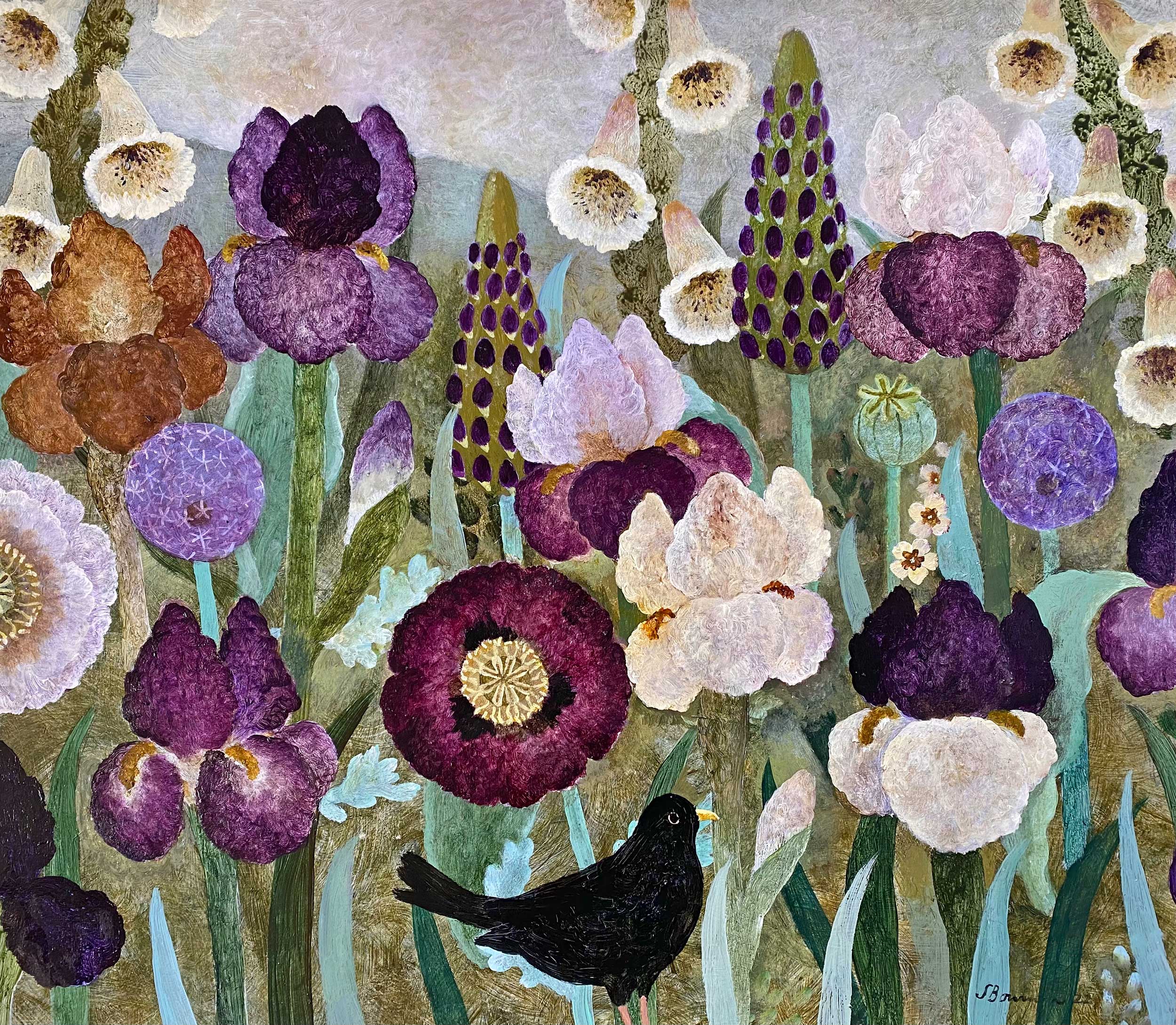 Dark Lupins. Birds & Animals Floral Paintings by Sarah Bowman. Oil on board.