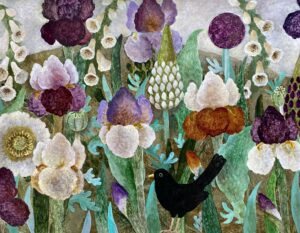 Ginger and Purples. Birds & Animals Floral Paintings by Sarah Bowman. Oil on board.