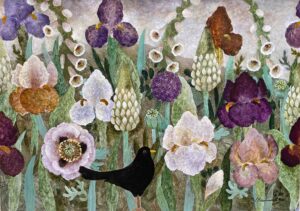 Smokey Irises and Poppy. Birds & Animals Floral Paintings by Sarah Bowman. Oil on board.