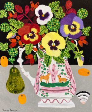Pansies and Pear. Still Life Floral Paintings by Vanessa Bowman. Oil on card.