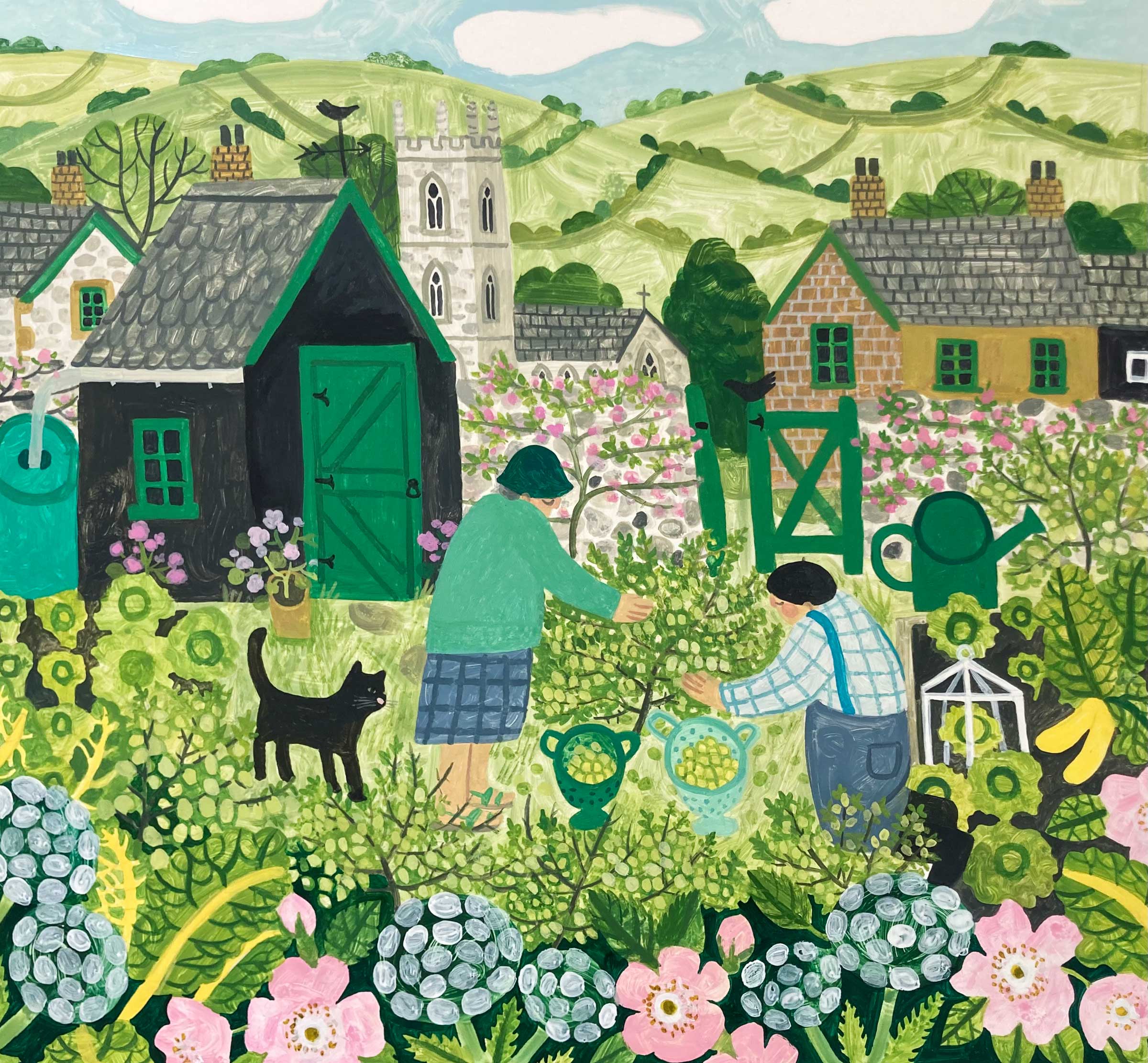 The Gooseberry Pickers. Birds & Animals Landscape Paintings by Vanessa Bowman. Oil on card.