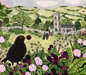 The Greedy Blackbird. Landscape Floral Paintings by Vanessa Bowman. Oil on card.