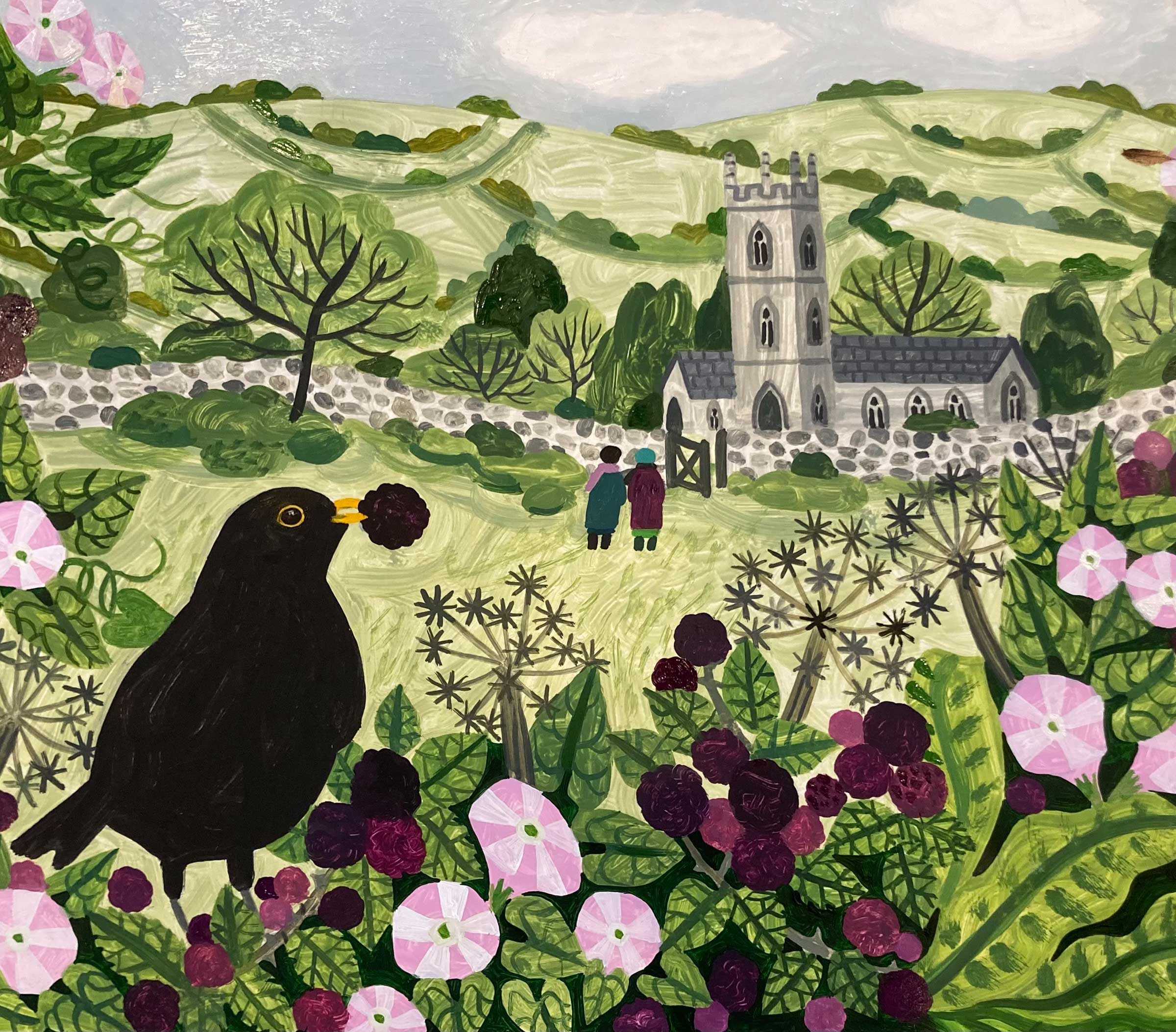 The Greedy Blackbird. Figurative Birds & Animals Paintings by Vanessa Bowman. Oil on card.