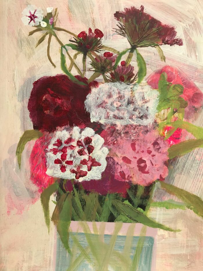 Sweet Williams in Jar. Still Life Floral Paintings by Arabella Shand. Acrylic on board.