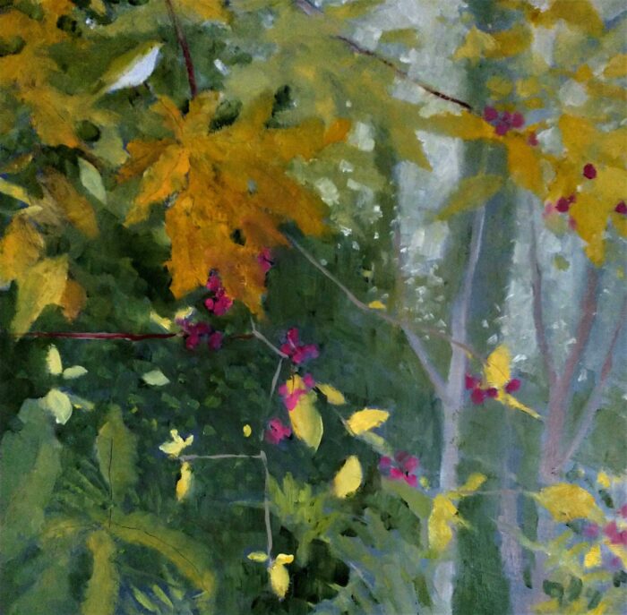 Oak & Whitebeam. Birds & Animals Landscape Paintings by Jane Brayne. Oil on board.