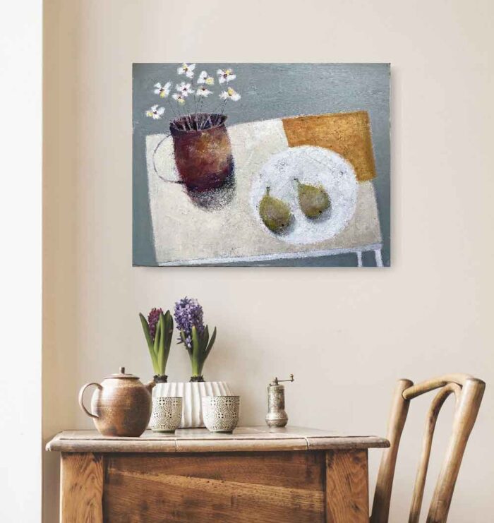 Table Top with Pears & Flowers. Still Life Floral Paintings by Marilyn Browning. Oil on canvas.