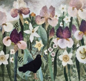 Irises & Blackbird. Birds & Animals Floral Paintings by Sarah Bowman. Oil on board.