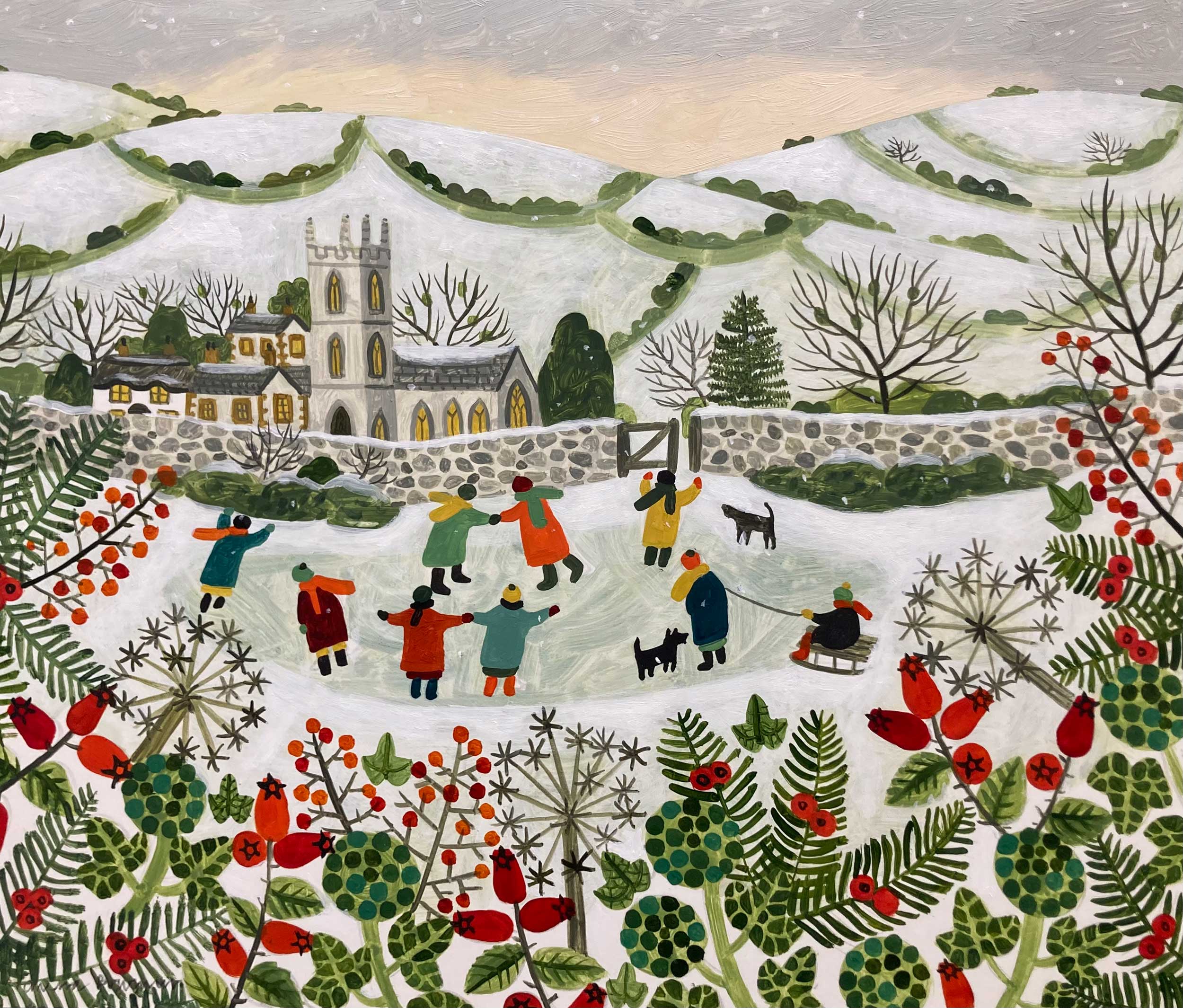 The Village Skaters. Landscape Figurative Paintings by Vanessa Bowman. Oil on card. The Village Skaters. Landscape Figurative Paintings by Vanessa Bowman. Oil on card.
