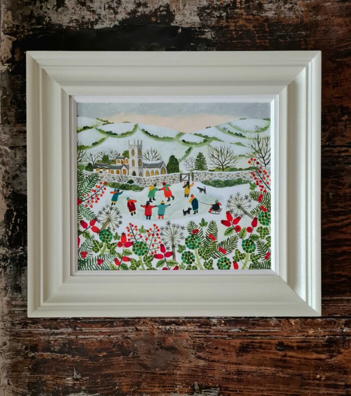 The Village Skaters. Landscape Figurative Paintings by Vanessa Bowman. Oil on card.