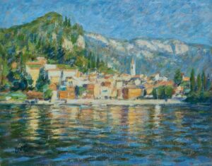 Harbourside, Varenna. European Landscape Paintings by Michael Bowman. Oil on board.