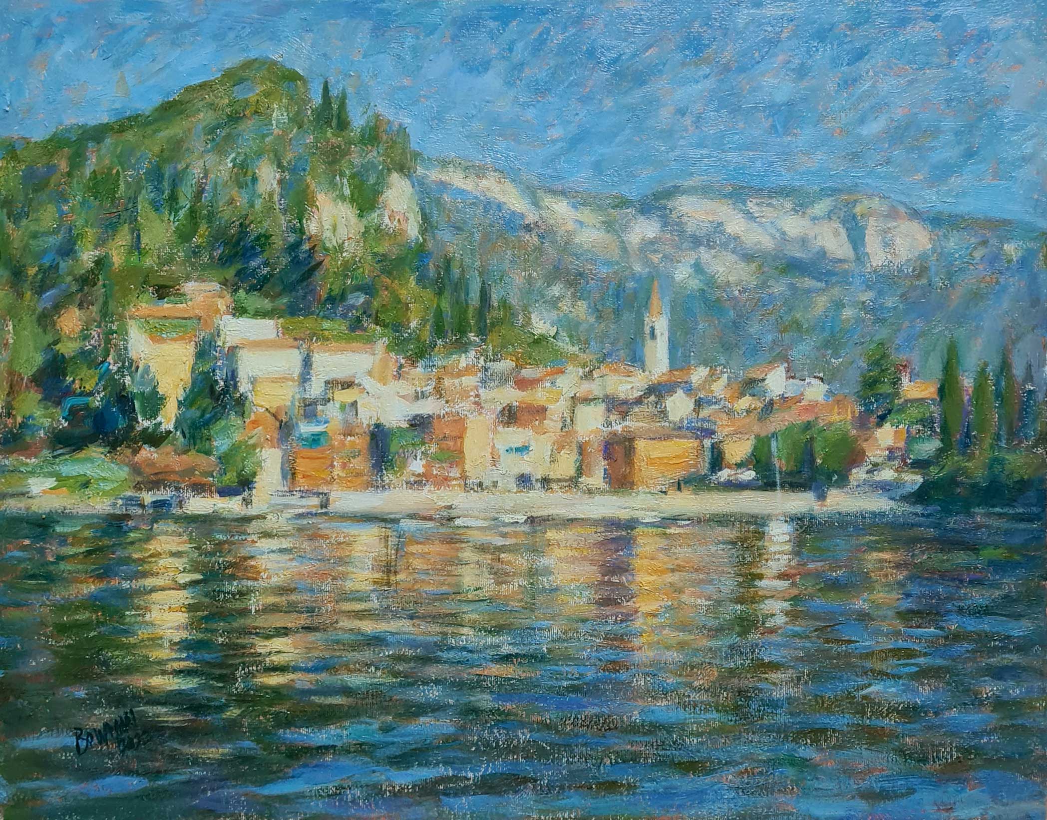 Harbourside, Varenna. European Landscape Paintings by Michael Bowman. Oil on board.