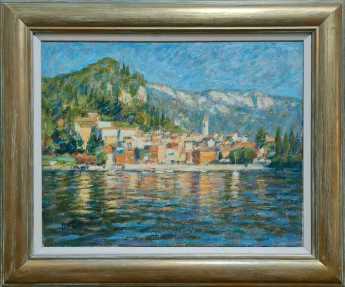 Harbourside, Varenna. European Landscape Paintings by Michael Bowman. Oil on board.