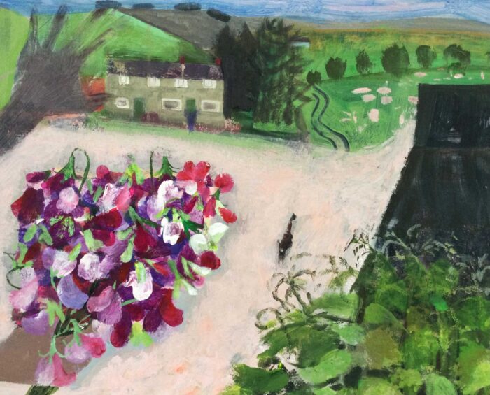 Bringing Sweet Peas. Landscape Floral Paintings by Arabella Shand. Acrylic on board.