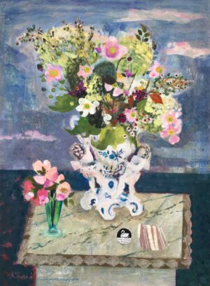Still Life with Eve's Vase. Still Life Floral Paintings by Arabella Shand. Acrylic on board.