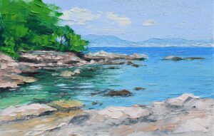 Rocky Shore, Ile Saint-Honorat. Seascape European Paintings by Colin Carruthers. Oil on canvas.
