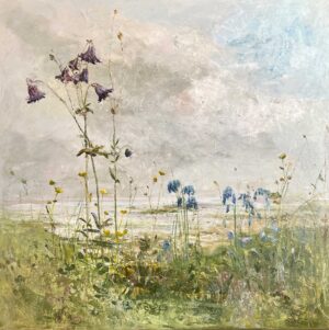 Bluebells and Columbines. Cornwall Landscape Paintings by Ellen Watson. Mixed media on canvas.