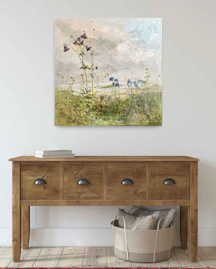 Bluebells and Columbines. Cornwall Landscape Paintings by Ellen Watson. Mixed media on canvas.