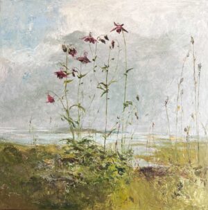 Magenta Columbines. Cornwall Landscape Paintings by Ellen Watson. Mixed media on canvas.