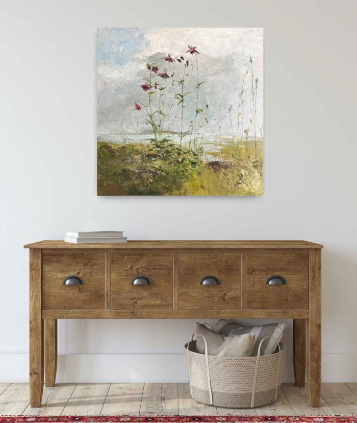 Magenta Columbines. Cornwall Landscape Paintings by Ellen Watson. Mixed media on canvas.