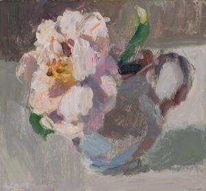 Camellia in Blue Jug. Still Life Floral Paintings by Lynne Cartlidge. Oil on board.