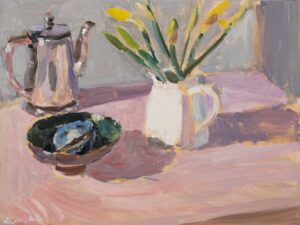 Daffodils in Bud with Mussel Shells. Still Life Floral Paintings by Lynne Cartlidge. Oil on board.