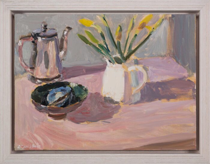 Daffodils in Bud with Mussel Shells. Still Life Floral Paintings by Lynne Cartlidge. Oil on board.