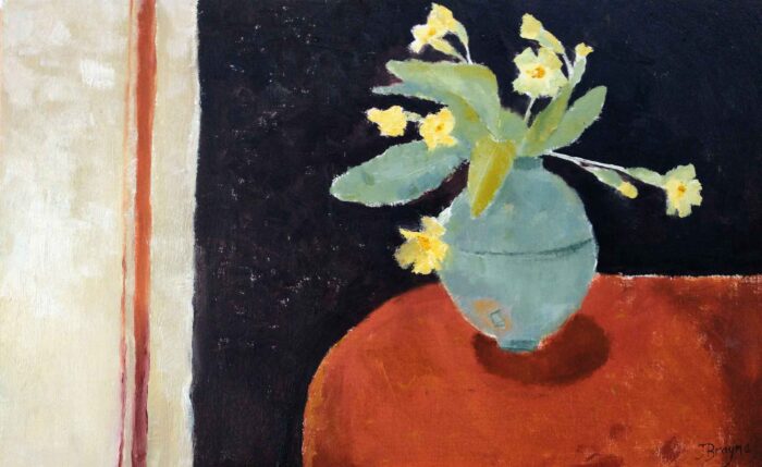 Little Moon Jar & Primroses. Still Life Floral Paintings by Jane Brayne. Oil on board.