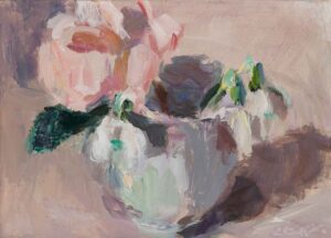 Camellia & Snowdrops. Still Life Floral Paintings by Lynne Cartlidge. .
