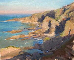 Golden Hour Cliffs. Devon Seascape Paintings by Maria Rose. Oil on board.