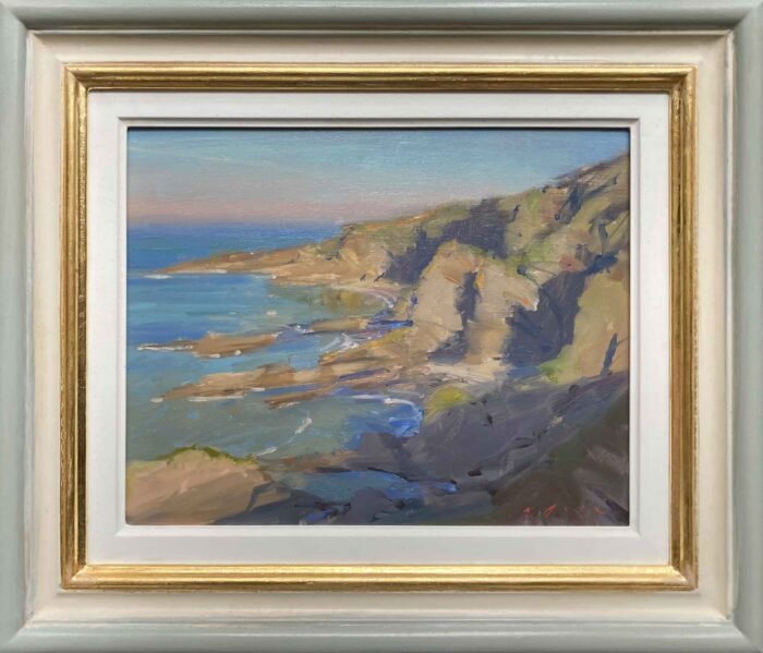 Golden Hour Cliffs. Devon Seascape Paintings by Maria Rose. Oil on board.