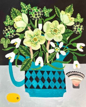 Harlequin Jug & Winter Flowers. Still Life Floral Paintings by Vanessa Bowman. Oil on card.