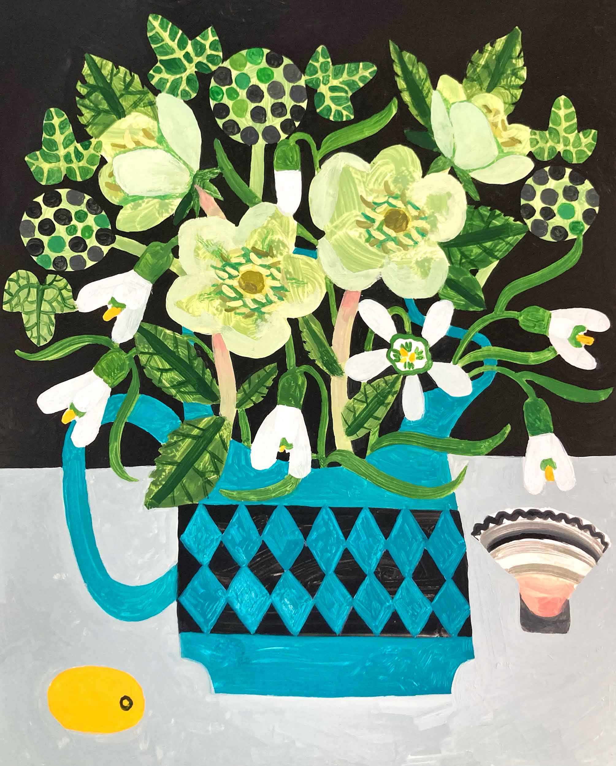 Harlequin Jug & Winter Flowers. Still Life Floral Paintings by Vanessa Bowman. Oil on card.