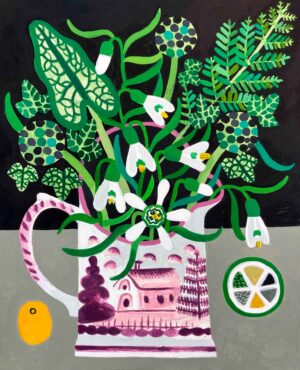 Snowdrops in Pink Jug.   Paintings by Vanessa Bowman. Oil on card.