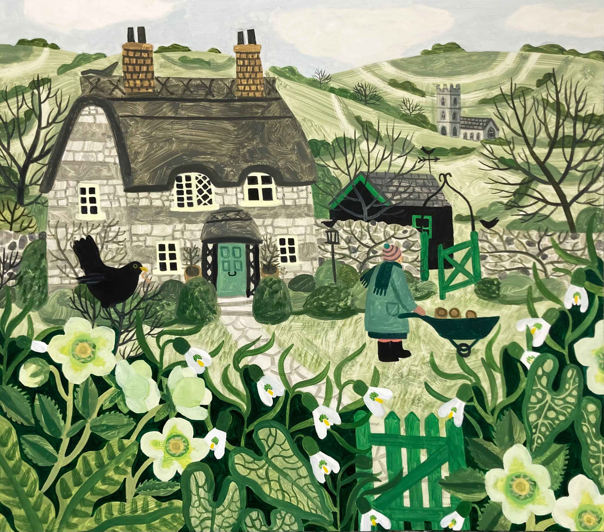The January Garden. Birds & Animals Landscape Paintings by Vanessa Bowman. Oil on card.