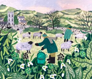 Feeding the Flock. Birds & Animals Landscape Paintings by Vanessa Bowman. Oil on card.