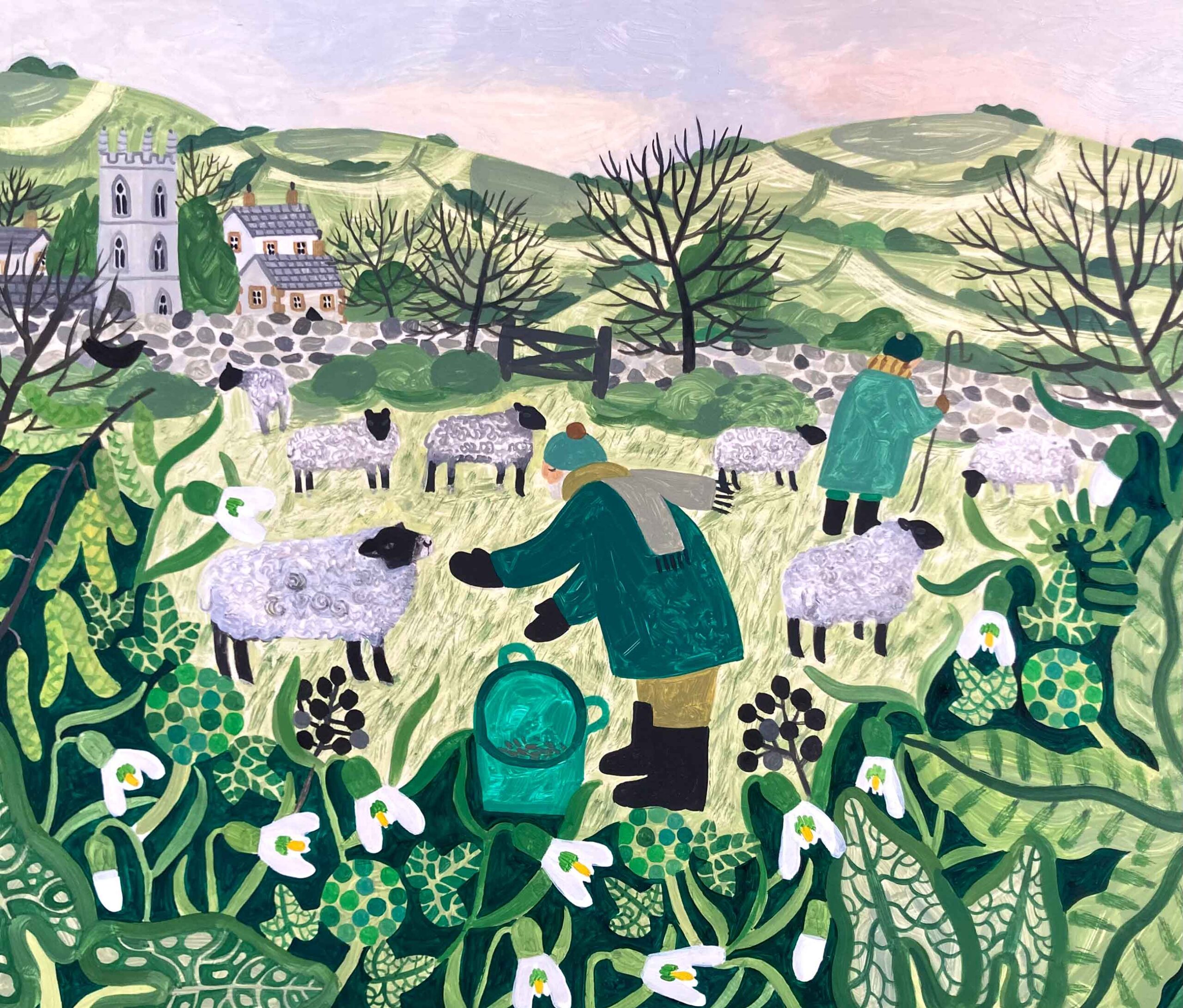 Feeding the Flock. Landscape Figurative Paintings by Vanessa Bowman. Oil on card. Feeding the Flock. Landscape Figurative Paintings by Vanessa Bowman. Oil on card.